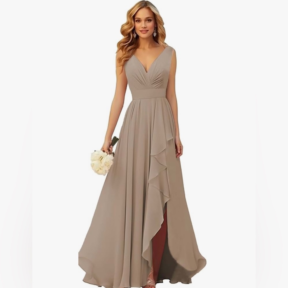 Chiffon V Neck Formal Dress - Taupe